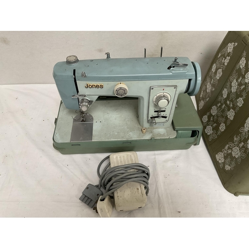 82 - VINTAGE CASED JONES ELECTRIC SEWING MACHINE (CASE A/F)