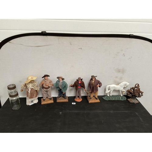 90 - BOX OF ODDS TO INCLUDE 2 CAST IRON DOOR STOPS AND TERRACOTTA FIGURES