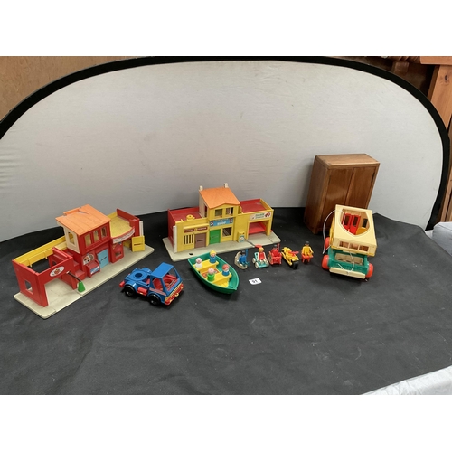 91 - BOX OF VINTAGE FISHER PRICE CHILDS TOYS AND A WOODEN CABINET