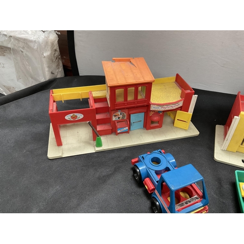 91 - BOX OF VINTAGE FISHER PRICE CHILDS TOYS AND A WOODEN CABINET