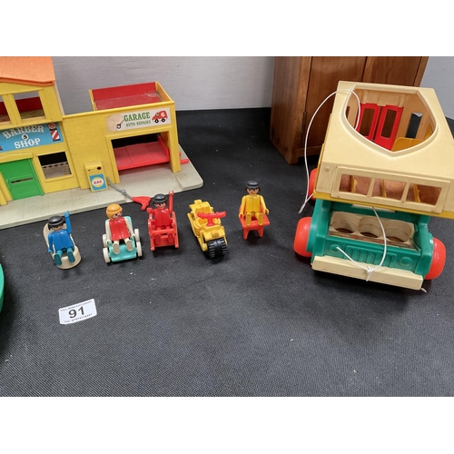 91 - BOX OF VINTAGE FISHER PRICE CHILDS TOYS AND A WOODEN CABINET