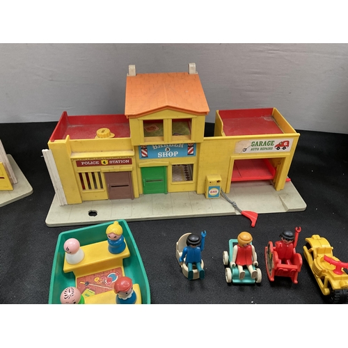 91 - BOX OF VINTAGE FISHER PRICE CHILDS TOYS AND A WOODEN CABINET