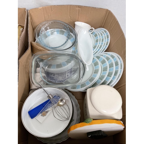 99 - 4 BOXES OF ODDS TO INCLUDE KITCHENWARE, GLASSWARE, CASED CUTLERY, FLOWER POSIES, ENALMELLED CAST IRO... 