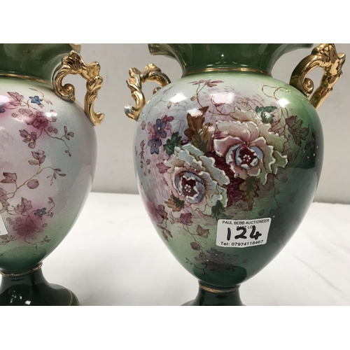 124 - PAIR OF EDWARDIAN HAND PAINTED CHINA VASES H12