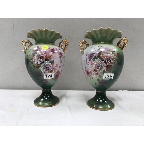 124 - PAIR OF EDWARDIAN HAND PAINTED CHINA VASES H12