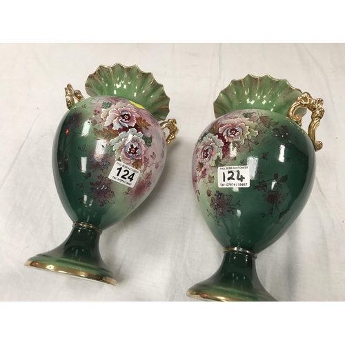 124 - PAIR OF EDWARDIAN HAND PAINTED CHINA VASES H12