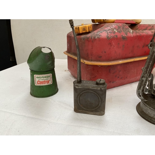 19 - BOX OF VINTAGE PETROL TINS, JUGS AND OILERS