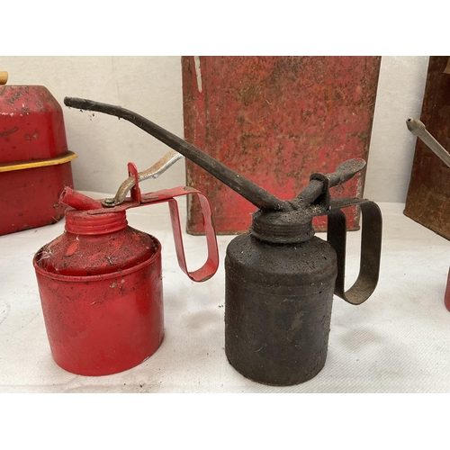 19 - BOX OF VINTAGE PETROL TINS, JUGS AND OILERS