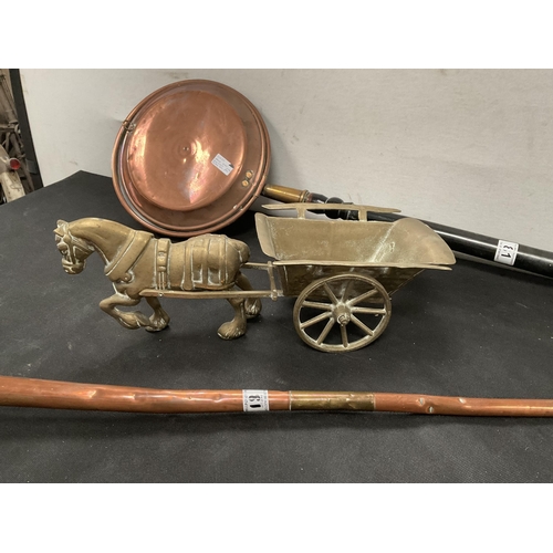 81 - BRASS HORSE AND CART ,WARMING PAN AND HORN