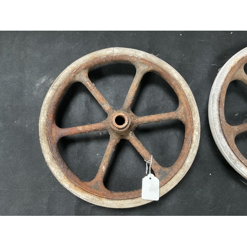 88 - PAIR OF VINTAGE CAST WHEELS WITH RUBBER TYRES DIA 13