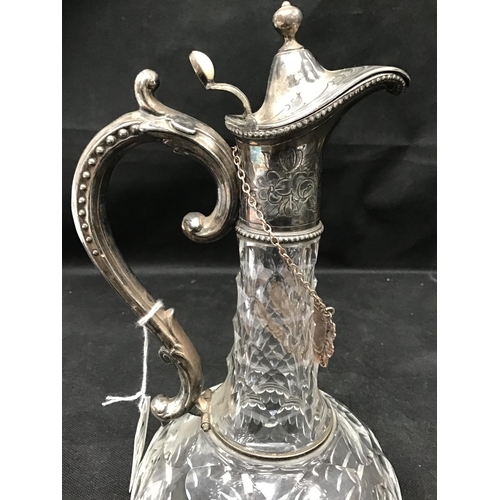 110 - CUT GLASS CLARET JUG WITH SILVER PLATED MOUNTS AND PORT LABEL - H11