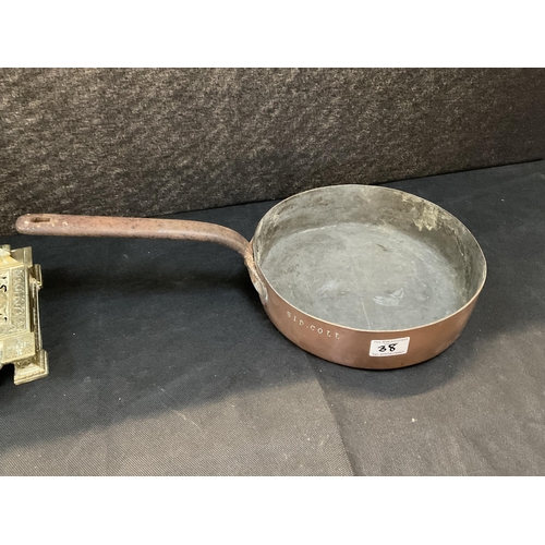 38 - HEAVY COPPER PAN AND A BRASS DESK STAND