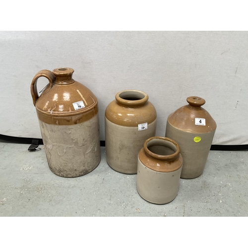 4 - 3 VICTORIAN EARTHENWARE GLAZED JARS AND A FLAGGON H16