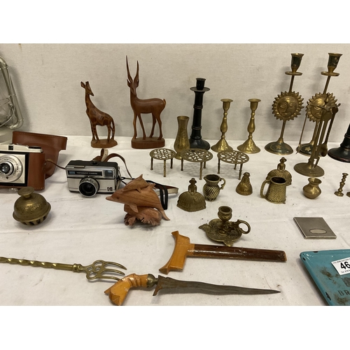 46 - BOX OF ODDS TO INCLUDE TILLEY LAMP,BRASSWARE AND CAMERAS ETC