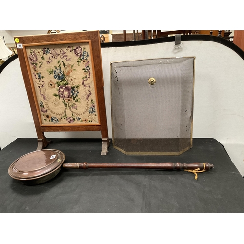 87 - TAPESTRY FIRE SCREEN,FIRE GUARD AND COPPER WARMING PAN