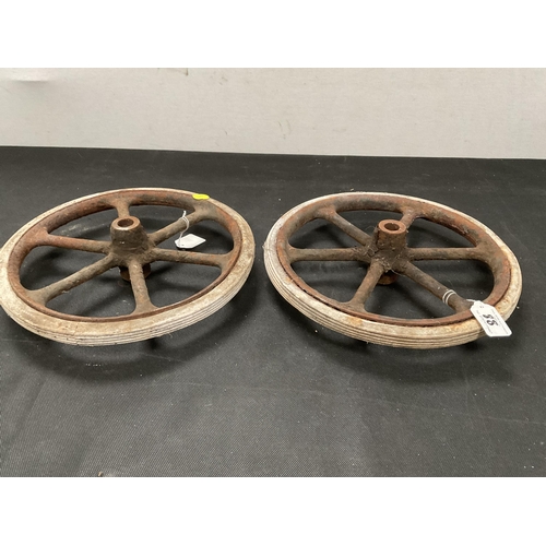 88 - PAIR OF VINTAGE CAST WHEELS WITH RUBBER TYRES DIA 13