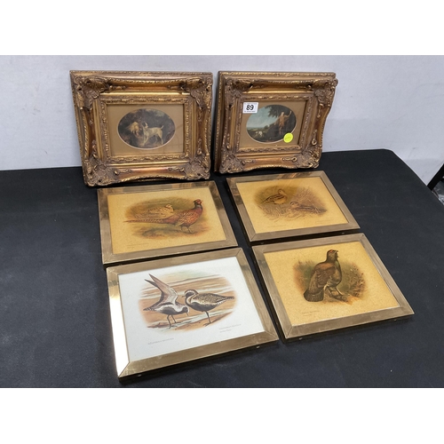 89 - SET OF 4 REPRODUCTION GILT FRAMED HUNTING SCENE PICTURES AND 2 ORNATE FRAMED EXAMPLES 11