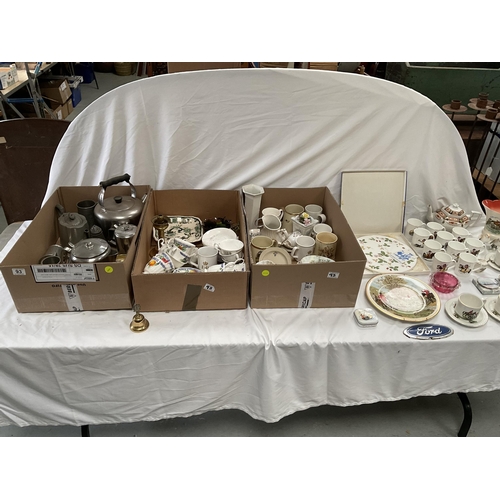 93 - 2 BOXES OF CHINA AND A BOX OF SILVER PLATED ITEMS