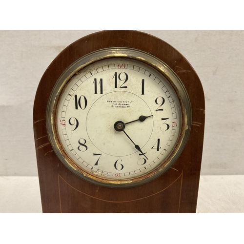 109 - EDWARDIAN MAHOGANY INLAID MANTLE CLOCK WITH KEY - ROBINSON & CO LTD THE SQUARE SHREWSBURY (GLASS MIS... 