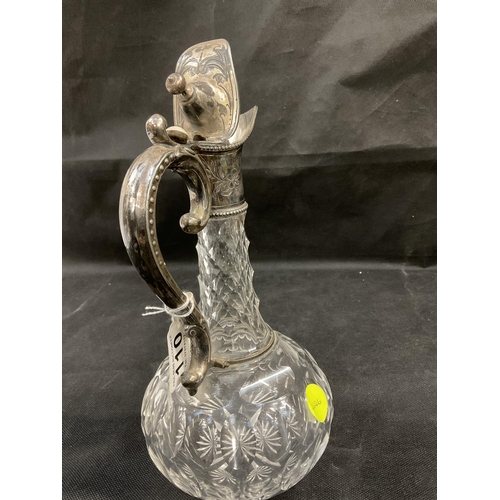 110 - CUT GLASS CLARET JUG WITH SILVER PLATED MOUNTS AND PORT LABEL - H11