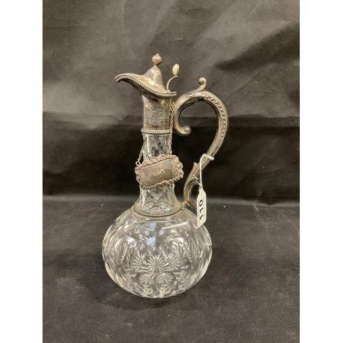 110 - CUT GLASS CLARET JUG WITH SILVER PLATED MOUNTS AND PORT LABEL - H11