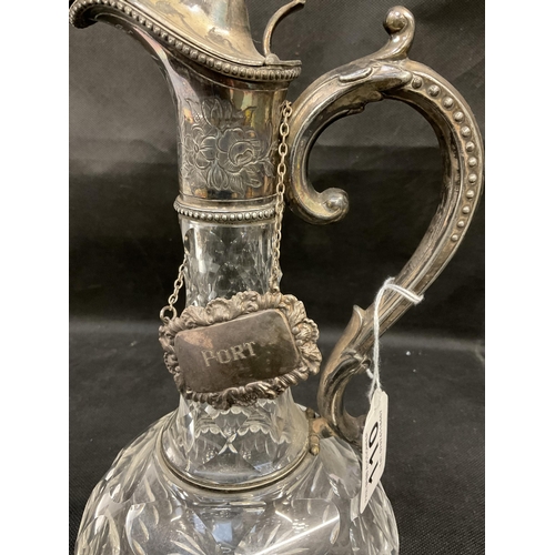 110 - CUT GLASS CLARET JUG WITH SILVER PLATED MOUNTS AND PORT LABEL - H11