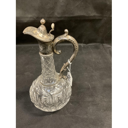 110 - CUT GLASS CLARET JUG WITH SILVER PLATED MOUNTS AND PORT LABEL - H11