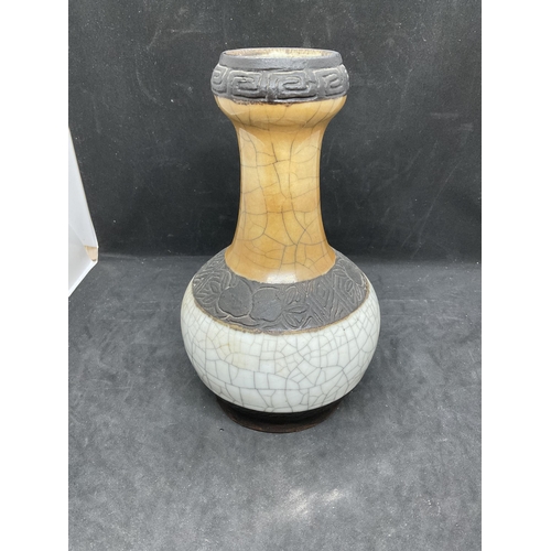 140 - ORIENTAL ANTIQUE STYLE VASE WITH CRACKLE GLAZE AND DECORATED MATT PANNELS WITH SEAL MARK TO UNDERSID... 