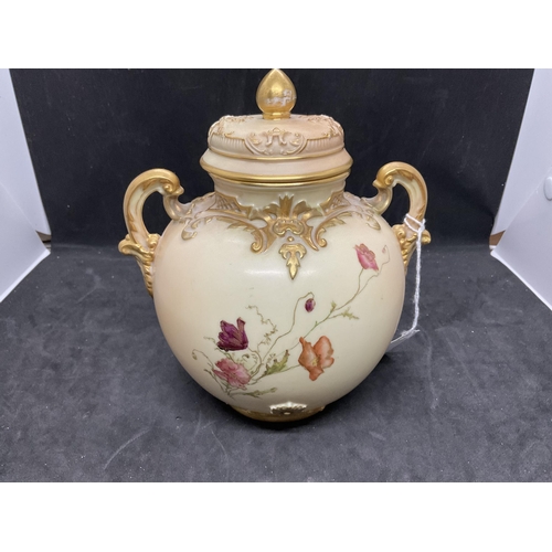 155 - ANTIQUE ROYAL WORCESTER BLUSH IVORY LIDDED POT PUREE WITH HAND PAINTED FLOWER DECORATION AND PUCE BA... 