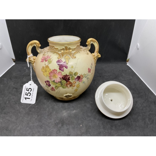 155 - ANTIQUE ROYAL WORCESTER BLUSH IVORY LIDDED POT PUREE WITH HAND PAINTED FLOWER DECORATION AND PUCE BA... 