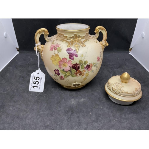 155 - ANTIQUE ROYAL WORCESTER BLUSH IVORY LIDDED POT PUREE WITH HAND PAINTED FLOWER DECORATION AND PUCE BA... 