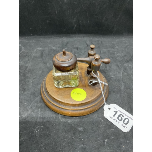 160 - VICTORIAN DESK INKWELL WITH TURNED TREEN STAND ALONG WITH A SET OF POSTAL SCALES