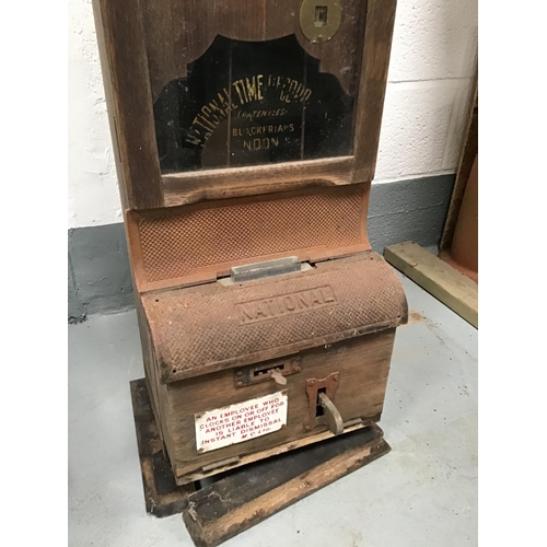 205 - VINTAGE NATIONAL TIME RECORDER FACTORY CLOCKING IN CLOCK WITH OAK CASE AND CAST IRON FITTINGS A/F H4... 