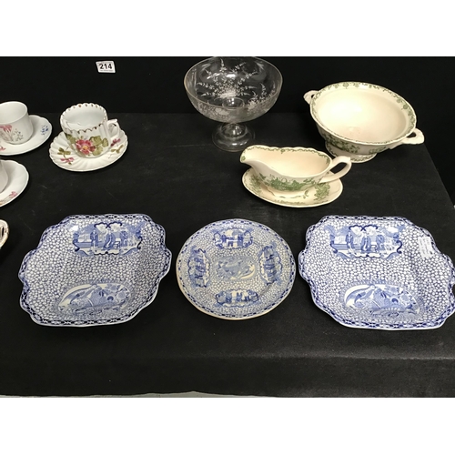 214 - BOX OF CERAMICS AND GLASSWARE TO INCLUDE EARLY BLUE AND WHITE PLATES