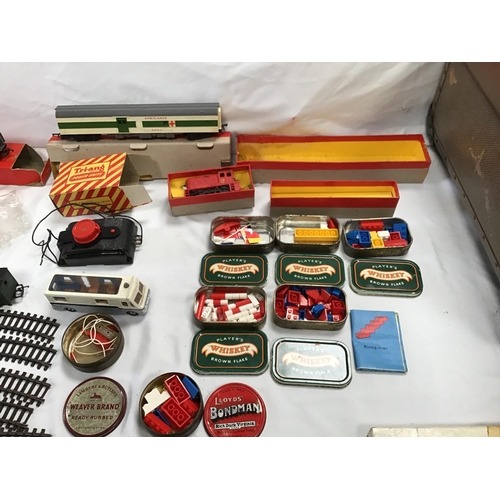 215 - SUITCASE OF VINTAGE TOYS TO INCLUDE TRIANG RAILWAY MINI MOTORWAY SET ETC