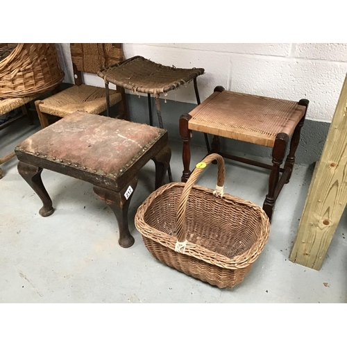 217 - QTY OF VINTAGE STOOLS BASKETS METALWARE ETC