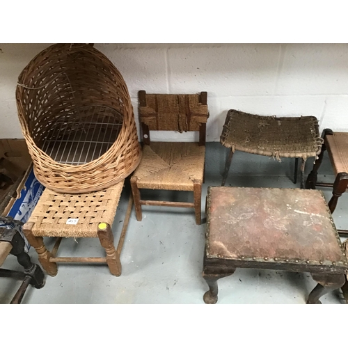 217 - QTY OF VINTAGE STOOLS BASKETS METALWARE ETC