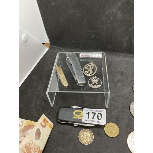 170 - SMALL TUB OF COINS PEN KNIVES ETC