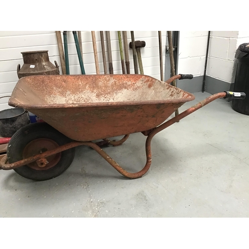 228 - VINTAGE GARDEN WHEELBARROW, MILK CHURN ,GARDEN TOOLS ETC