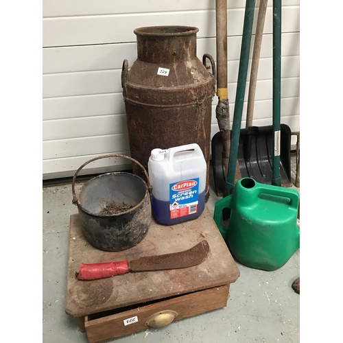 228 - VINTAGE GARDEN WHEELBARROW, MILK CHURN ,GARDEN TOOLS ETC