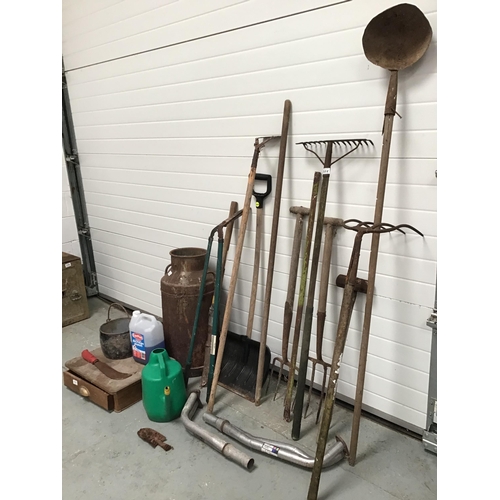 228 - VINTAGE GARDEN WHEELBARROW, MILK CHURN ,GARDEN TOOLS ETC