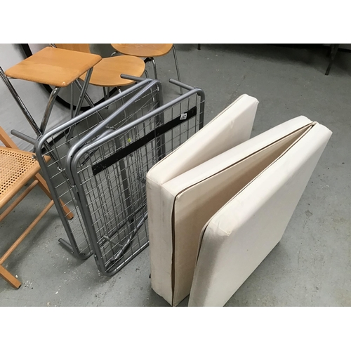 237 - 2 WOOD SEATED STACKING CHAIRS, A FOLDING WOODEN CHAIR, FOLDING KITCHEN STOOL AND A FOLDING SINGLE BE... 