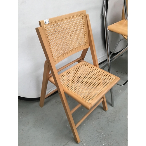 237 - 2 WOOD SEATED STACKING CHAIRS, A FOLDING WOODEN CHAIR, FOLDING KITCHEN STOOL AND A FOLDING SINGLE BE... 