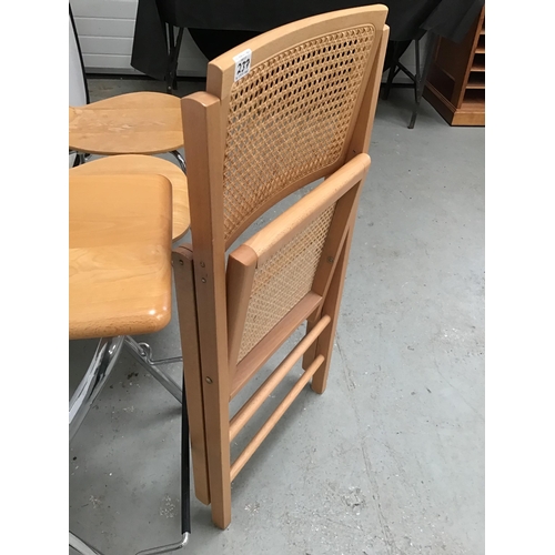 237 - 2 WOOD SEATED STACKING CHAIRS, A FOLDING WOODEN CHAIR, FOLDING KITCHEN STOOL AND A FOLDING SINGLE BE... 