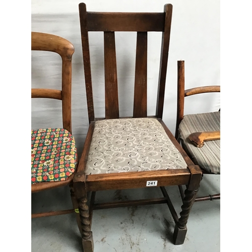 241 - OAK BARLEY TWIST DINING CHAIR AND 3 OTHER CHAIRS