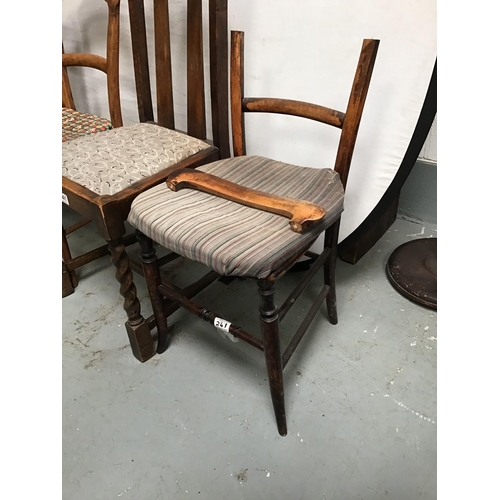 241 - OAK BARLEY TWIST DINING CHAIR AND 3 OTHER CHAIRS