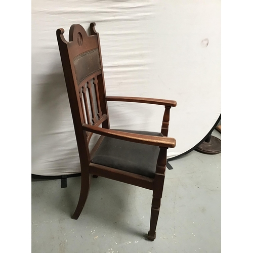 243 - EDWARDIAN OAK ARMCHAIR WITH UPHOLSTERED SEAT IN ART NOUVEAU STYLE