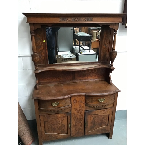 244 - EDWARDIAN OAK MIRROR BACK SIDEBOARD FITTED WITH 2 DRAWERS OVER 2 DOORS WITH CARVED THISTLE AND FLOWE... 