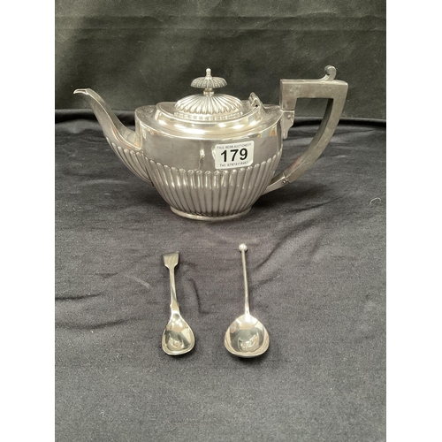 179 - SILVER TOPPED GLASS JAR, TEA POT ALONG WITH A QTY OF METALWARE