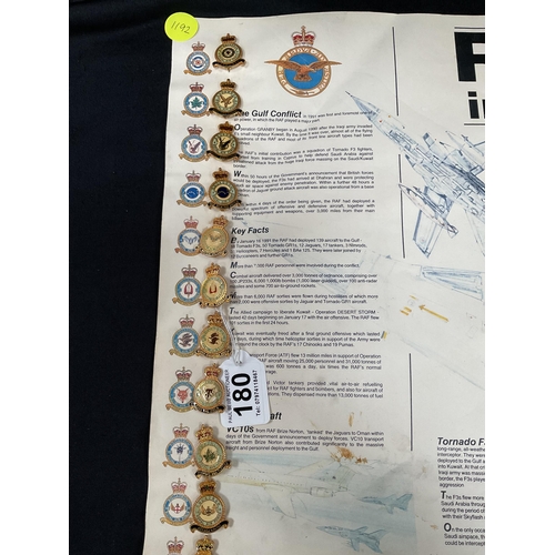 180 - COLLECTION OF RAF SQAUDRON BADGES MOUNTED ON A RAF IN THE GULF INFORMATION POSTER